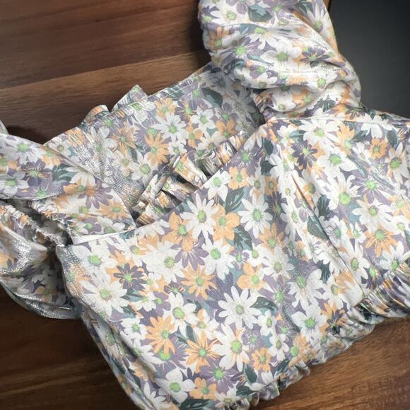 STORIA Floral Puff Sleeve Top Grey White Apricot Flirty Light Cute Women's Small - Picture 5 of 5